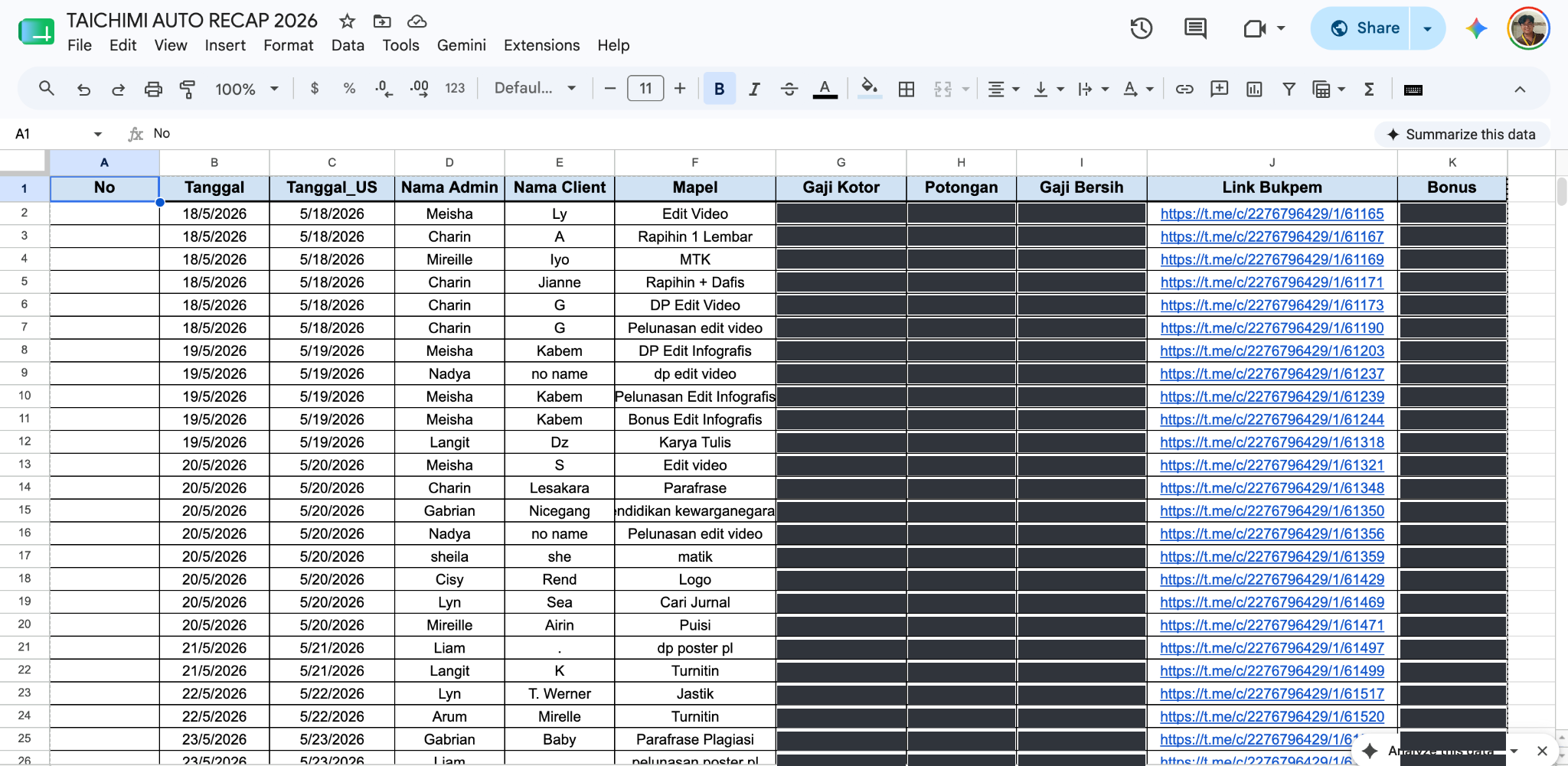 Google Sheets audit trail generated by AI Auto Recap with all monetary values censored