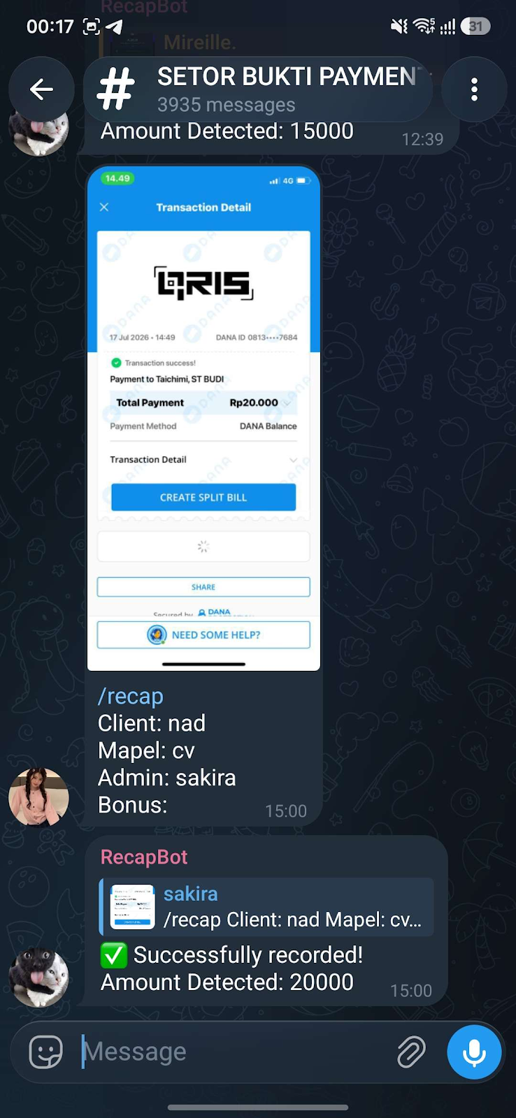 Telegram RecapBot reading a payment transfer image and recording the amount