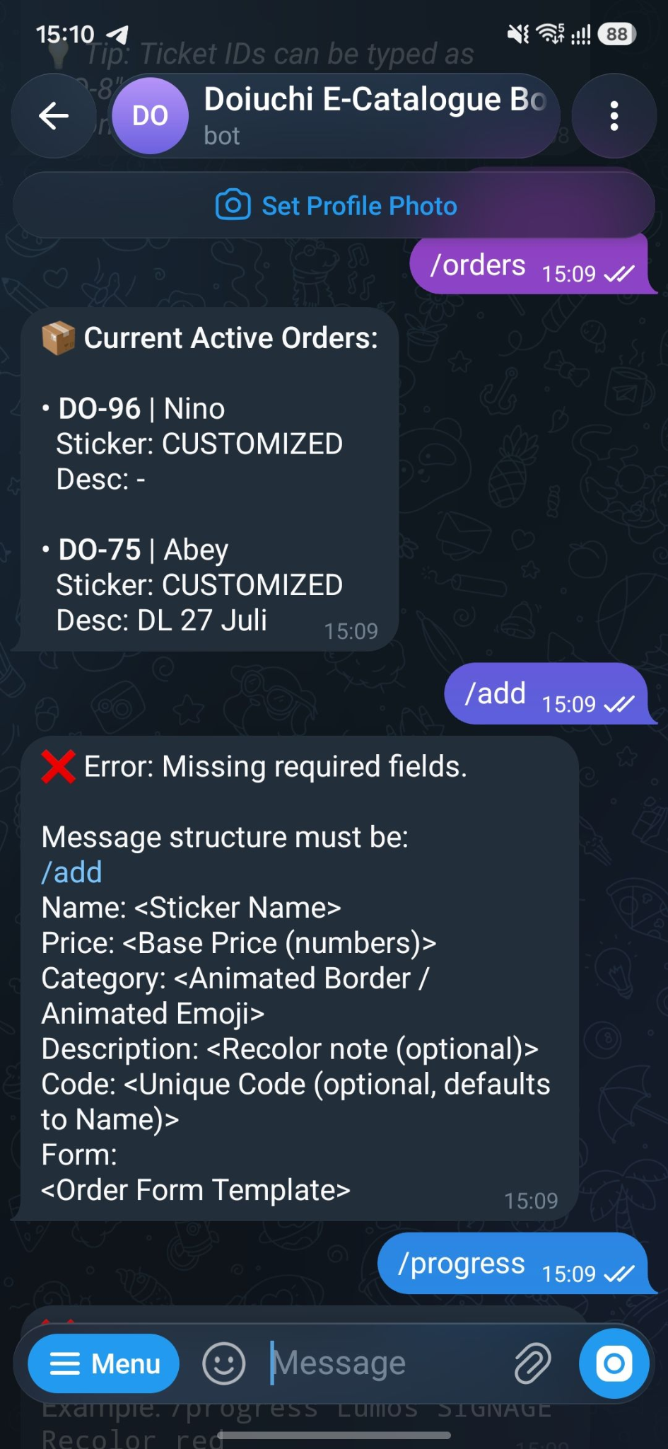 Doiuchi Telegram bot showing active orders and catalogue management commands