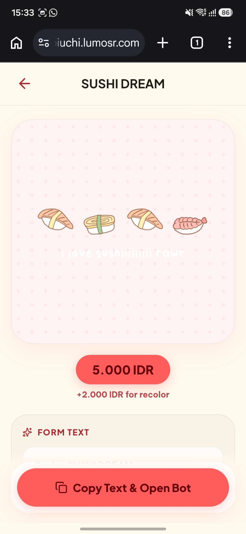 Doiuchi Sushi Dream sticker detail with live preview, pricing, order form, and Telegram bot action