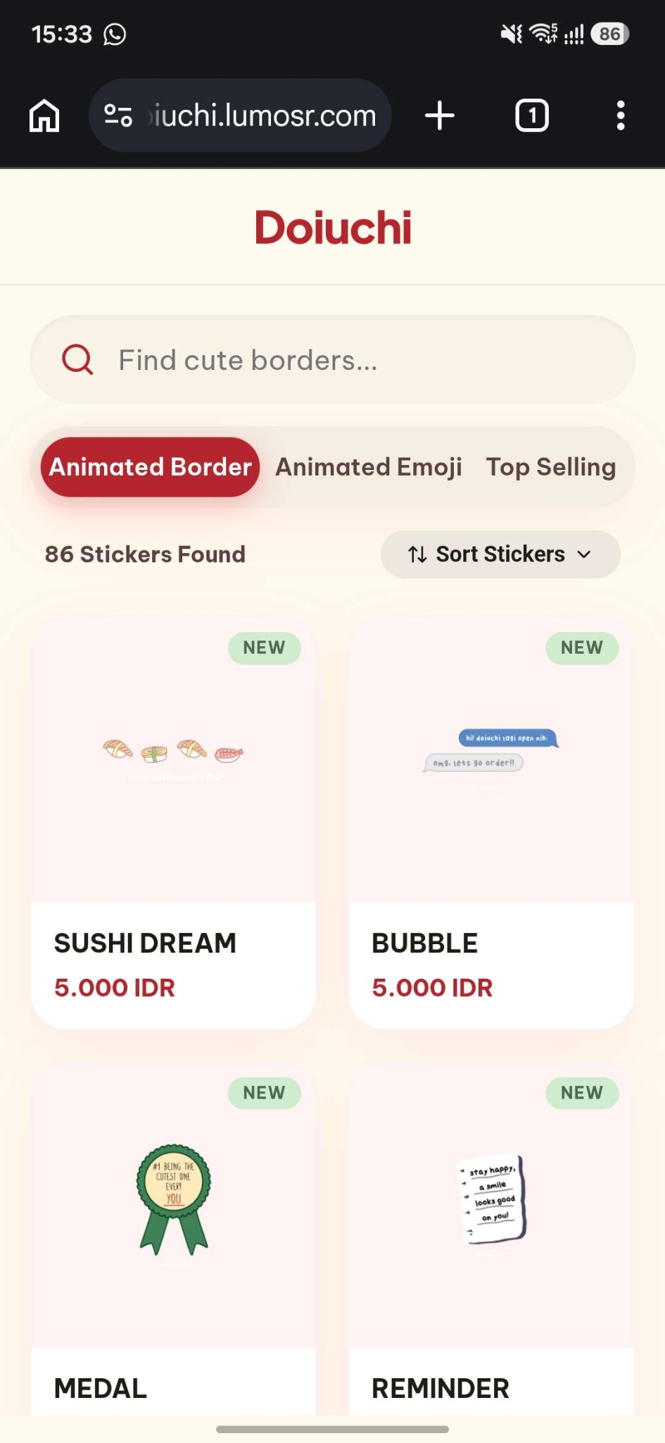 Doiuchi mobile e-catalogue showing animated sticker categories, search, sorting, and product cards