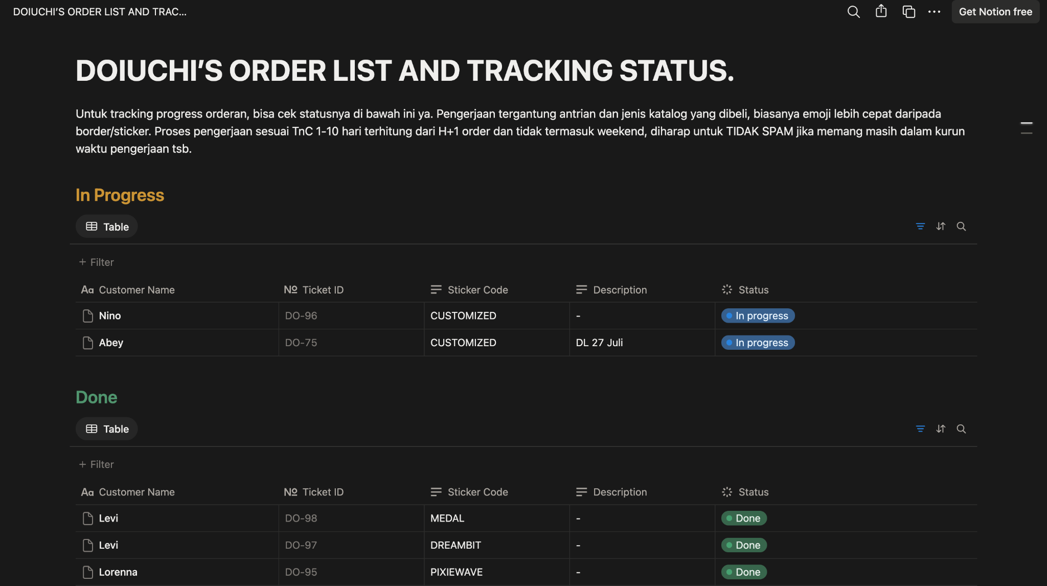 Doiuchi public Notion order tracker showing in-progress and completed customer orders