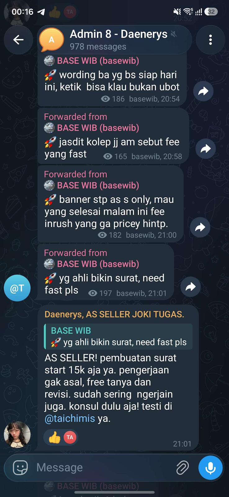 Matched Telegram WTB posts forwarded into an admin topic