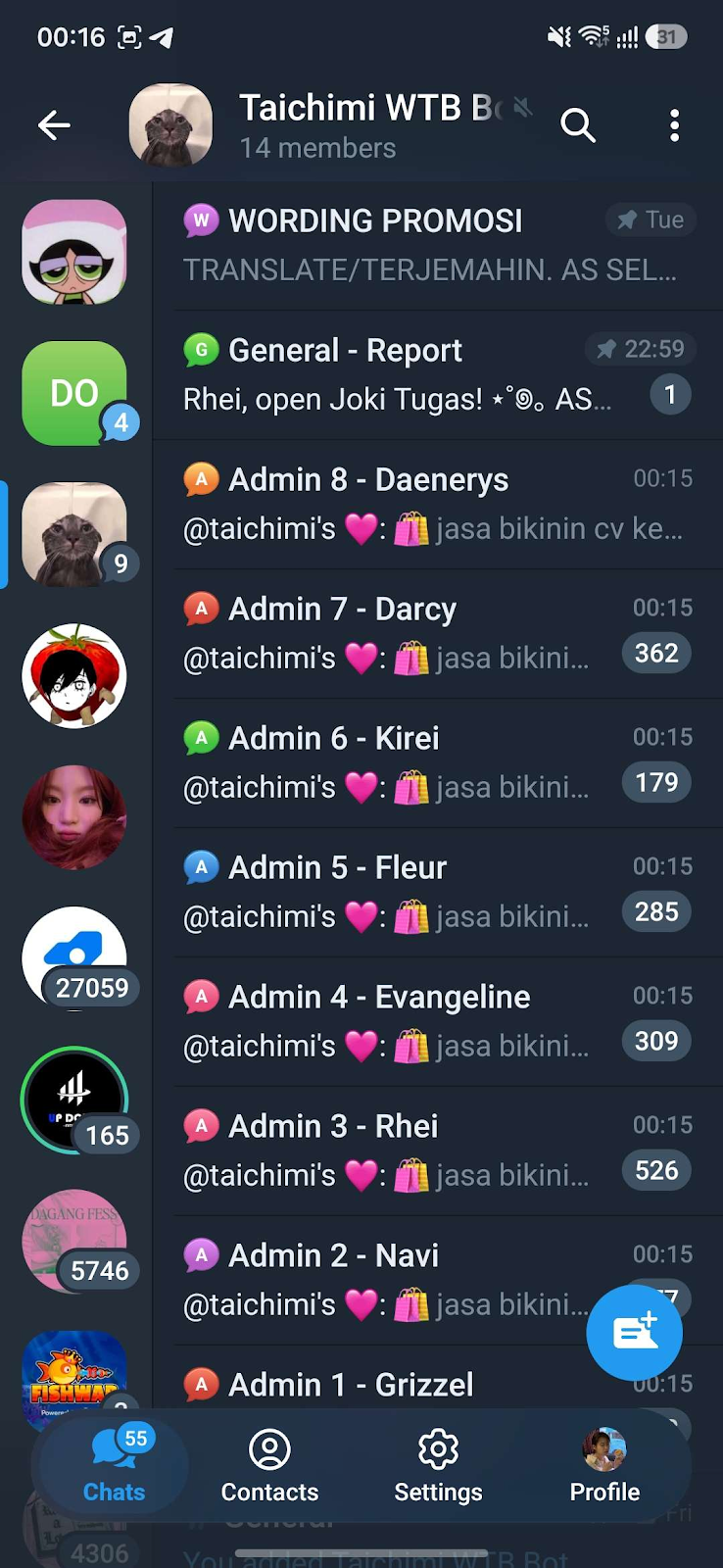 Telegram admin group with one topic for each account